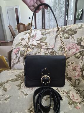 Coach Black Leather Crossbody with Gold Chain Accents